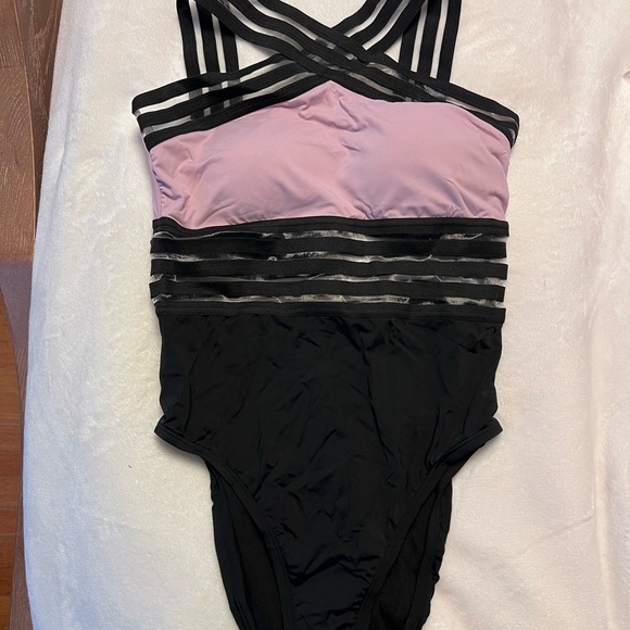 Women's Black and Pink Striped Swimsuit - Picture 2 of 4